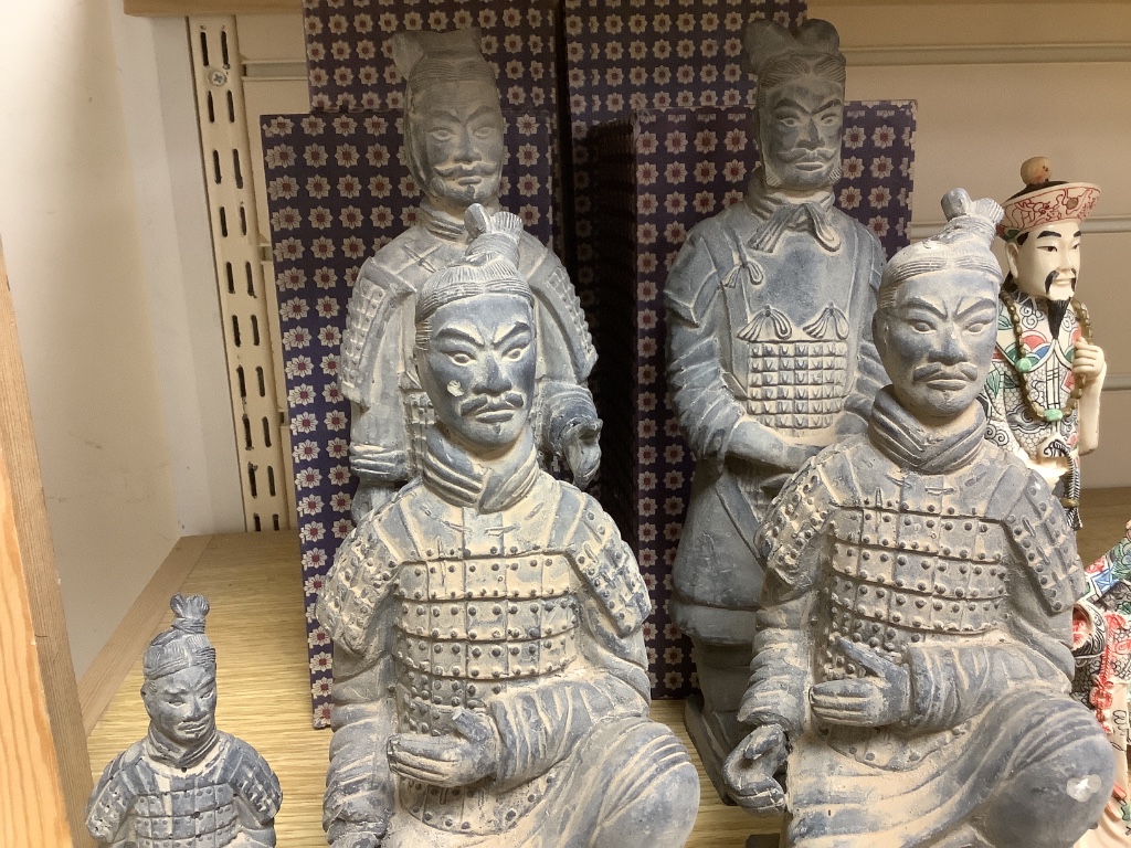 A group of Chinese mixed ceramic, resin and terracotta figures, tallest 27cm